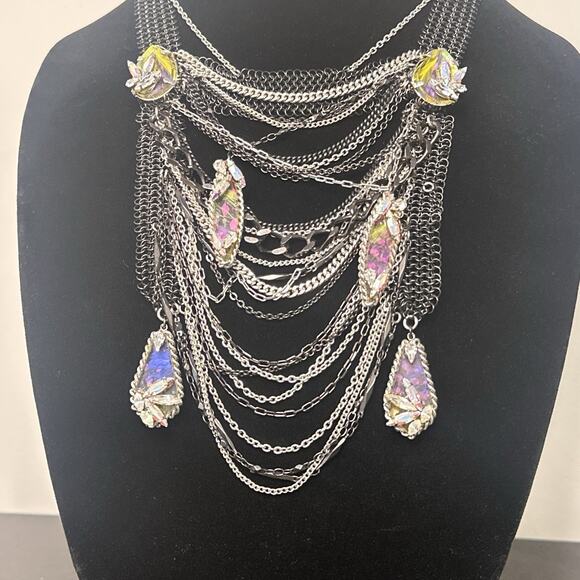 Erickson Beamon Statement Bib Necklace Gunmetal Multi Chain Crystal Waterfall - Picture 8 of 11